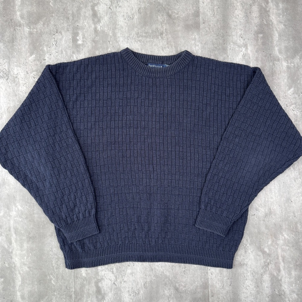 Vintage Van Heusen Knit Sweater Mens XL Navy Blue Long Sleeve Pullover USA